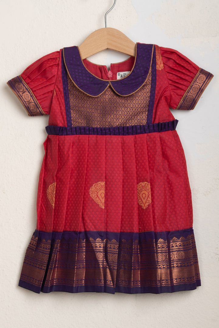 The Nesavu Girls Kanchi Silk Frock Deep Pink Brocade Printed Yoke And Blue Zari Border Semi-Silk Frocks For Girls Nesavu 14 (6M) / Pink / Small Border SF492DB-14 Ethnic Silk Dresses For Girls| Pink Collection| The Nesavu