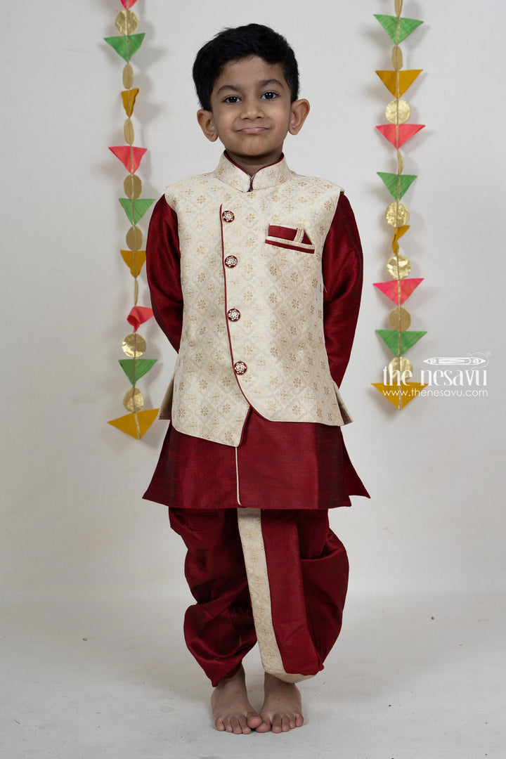 The Nesavu Boys Jacket Sets Deep Red Silk Cotton Kurta Attached Half-White Brocade Overcoat Nesavu 14 (6M) / Maroon / Silk Blend BES208B-14 Diwali Designer Wear Ideas For Boys | Latest Kurta Ethnic Ideas | The Nesavu