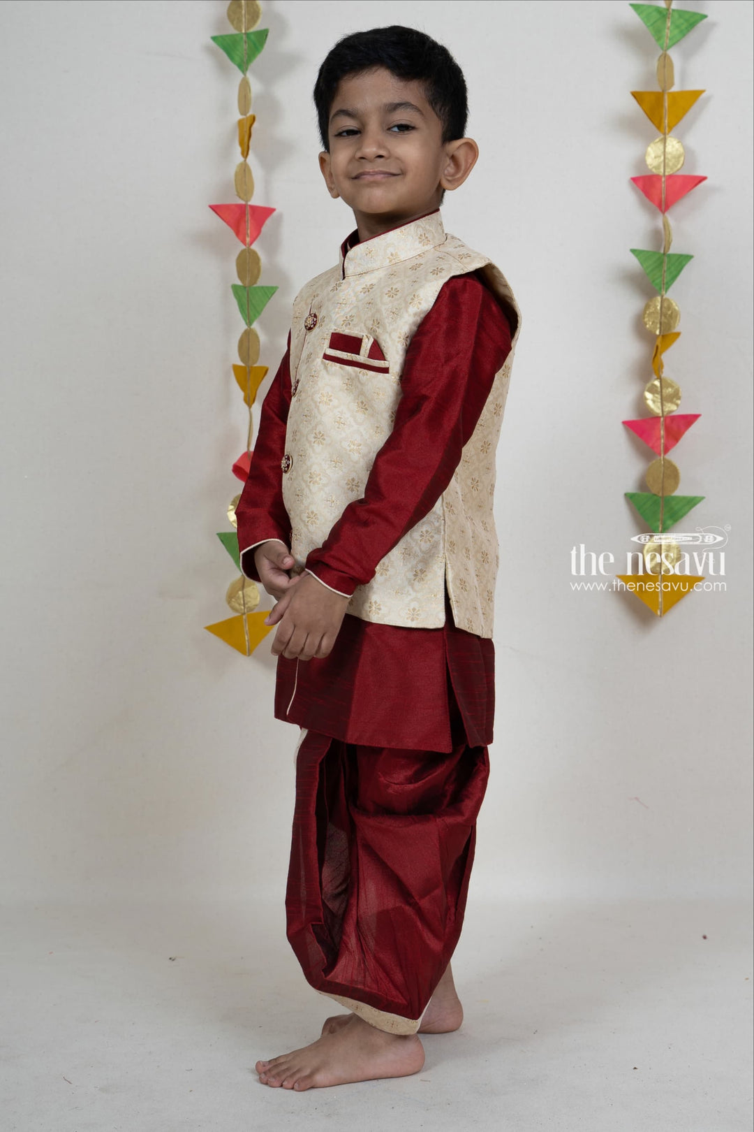 The Nesavu Boys Jacket Sets Deep Red Silk Cotton Kurta Attached Half-White Brocade Overcoat Nesavu Diwali Designer Wear Ideas For Boys | Latest Kurta Ethnic Ideas | The Nesavu