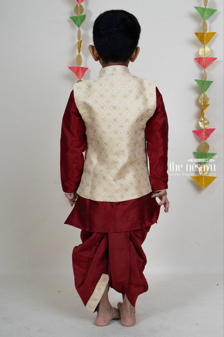 The Nesavu Boys Jacket Sets Deep Red Silk Cotton Kurta Attached Half-White Brocade Overcoat Nesavu Diwali Designer Wear Ideas For Boys | Latest Kurta Ethnic Ideas | The Nesavu