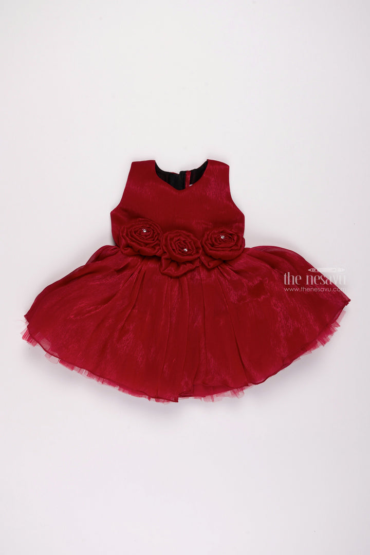 The Nesavu Girls Fancy Party Frock Deep Rose Romance: Cute Fabric Flower Applique on Pleated Organza Party Frock Nesavu 16 (1Y) / Pink / Organza PF146B-16 Adorable & Stylish: Baby Girl Party Dress Collections | The Nesavu