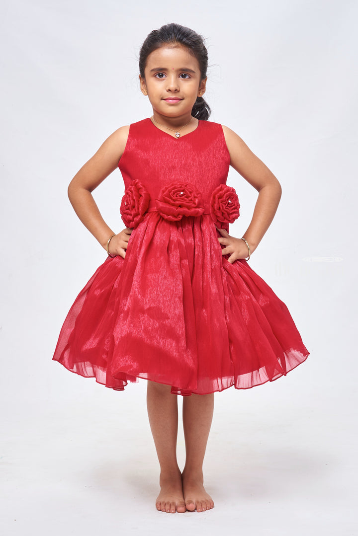 The Nesavu Girls Fancy Party Frock Deep Rose Romance: Cute Fabric Flower Applique on Pleated Organza Party Frock Nesavu 16 (1Y) / Pink / Organza PF146B-16 Adorable & Stylish: Baby Girl Party Dress Collections | The Nesavu