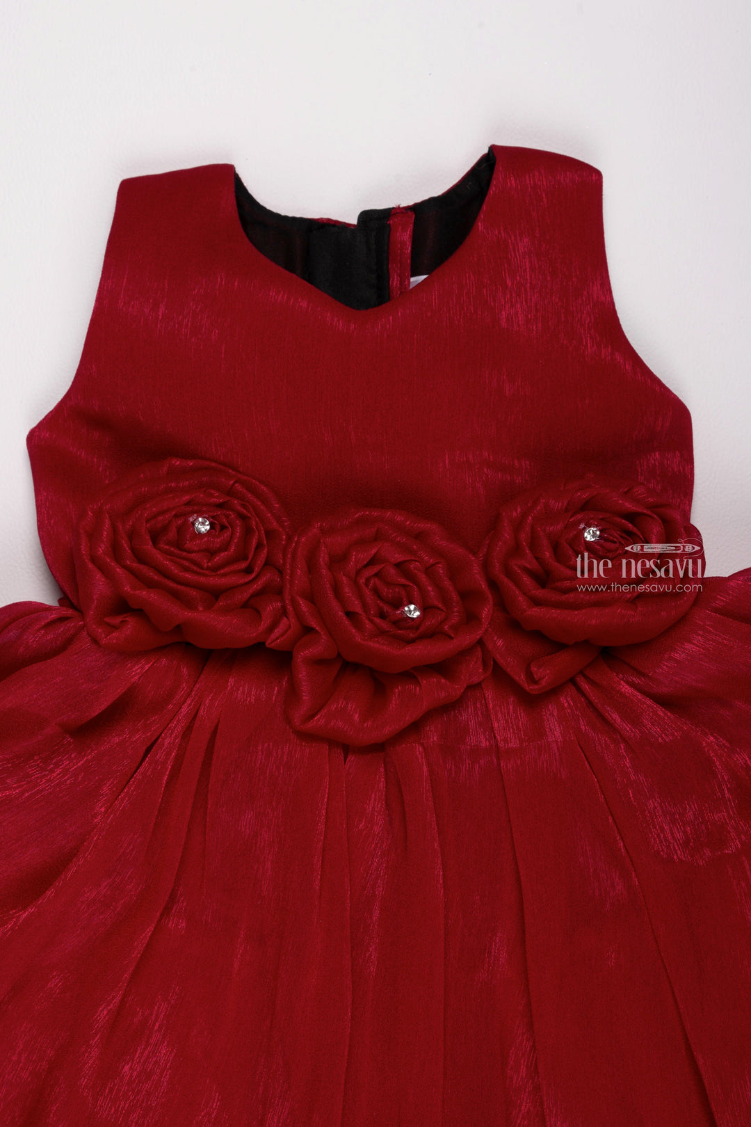 The Nesavu Girls Fancy Party Frock Deep Rose Romance: Cute Fabric Flower Applique on Pleated Organza Party Frock Nesavu Adorable & Stylish: Baby Girl Party Dress Collections | The Nesavu
