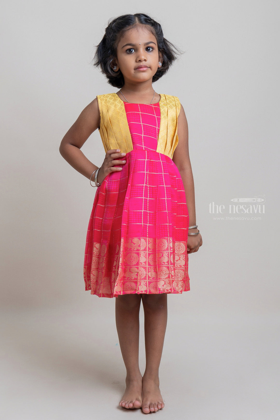 The Nesavu Silk Frock Deeppink Pleated Semi-Silk With Bright Yellow Yoke Frock For Girls Nesavu 14 (6M) / Pink / Georgette SF520D Get the Latest Trends in Silk Frocks | Fancy Silk Frocks | The Nesavu