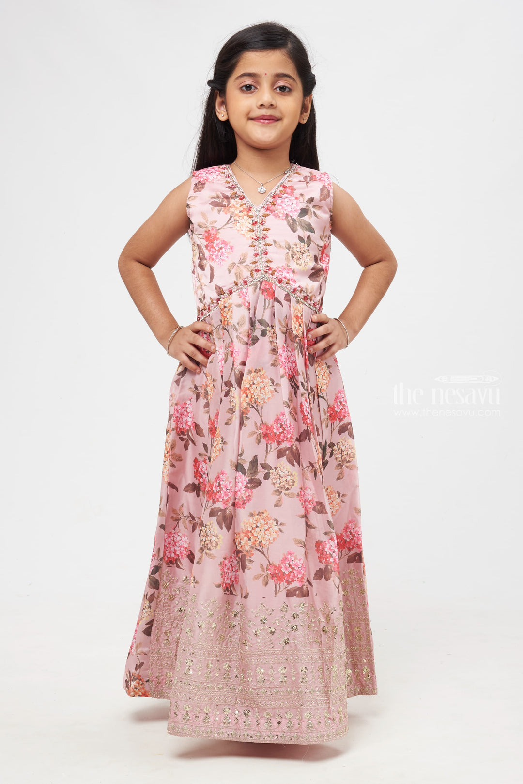 The Nesavu Girls Party Gown Delicate Blossom Diwali Gown with Shimmering Silver Detailing Anarkali for Girls Nesavu 24 (5Y) / Pink / Organza Printed GA175A-24 Girls Delicate Blossom Gown | Diwali Shimmer Collection | Floral Festive Dress | The Nesavu