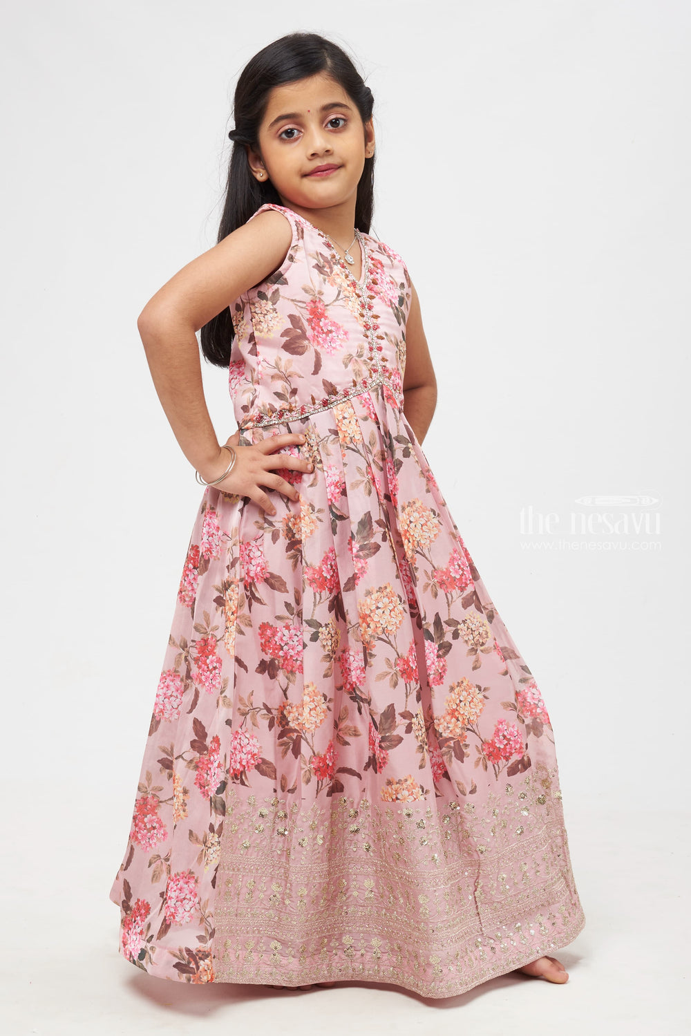 The Nesavu Girls Party Gown Delicate Blossom Diwali Gown with Shimmering Silver Detailing Anarkali for Girls Nesavu Girls Delicate Blossom Gown | Diwali Shimmer Collection | Floral Festive Dress | The Nesavu