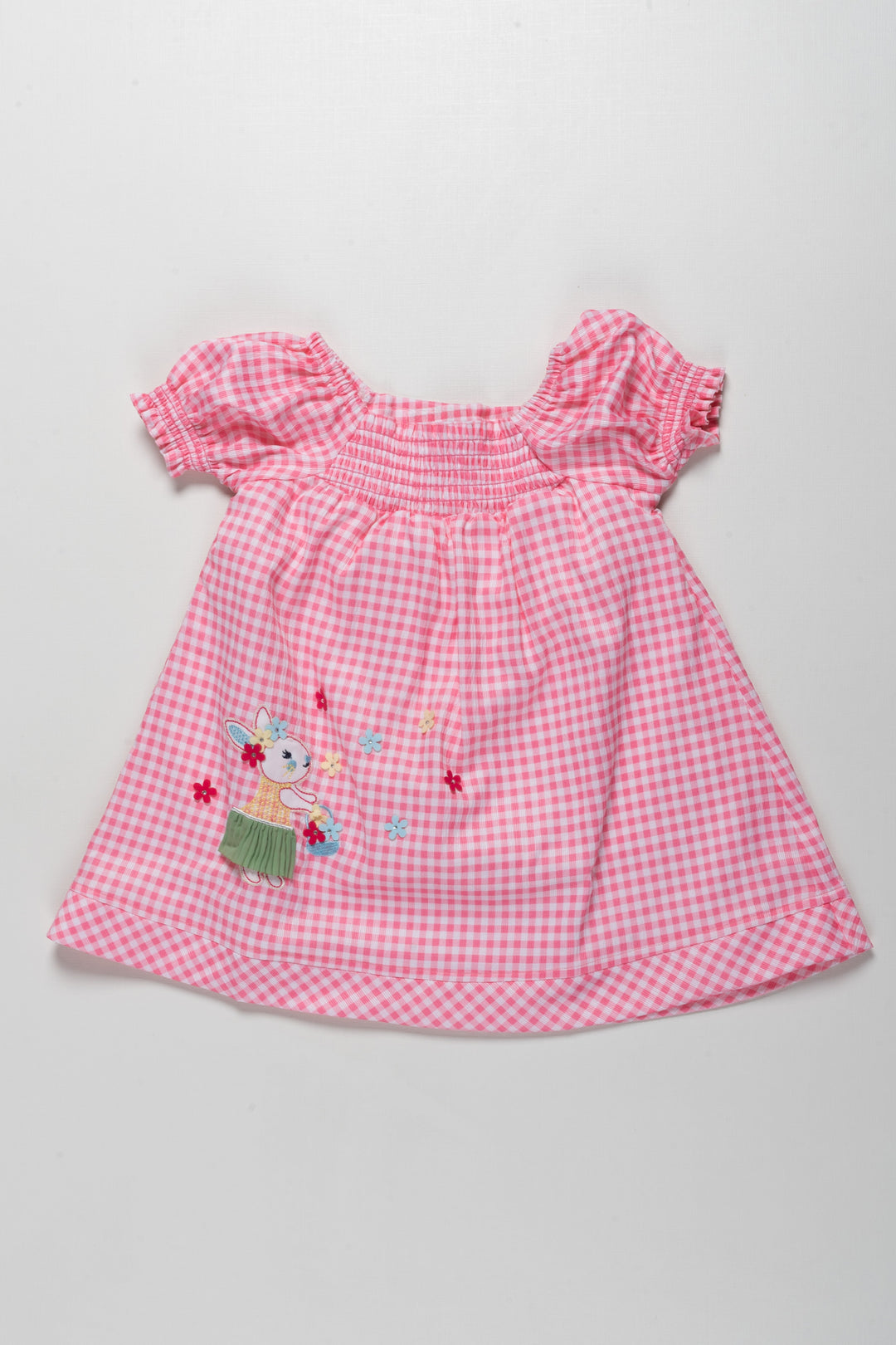 The Nesavu Girls Cotton Frock Delightful Girls Pink Gingham Cotton Frock with Bunny and Flower Embroidery Nesavu 14 (6M) / Pink / Cotton GFC1327B-14 Delightful Girls Pink Gingham Cotton Frock with Bunny Embroidery | The Nesavu