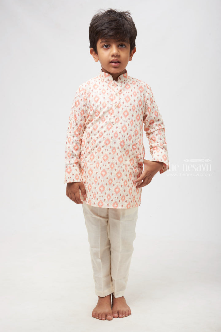 The Nesavu Boys Kurtha Set Desert Mirage: Peach and White Ikat Kurta with Pristine White Pants for Boys Nesavu 12 (3M) / Salmon / Cotton BES412A-12 Boys Kurta with Sleek Pant Set | Festive Fusion Wear | The Nesavu