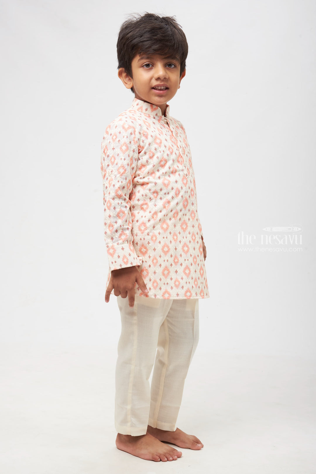 The Nesavu Boys Kurtha Set Desert Mirage: Peach and White Ikat Kurta with Pristine White Pants for Boys Nesavu Boys Kurta with Sleek Pant Set | Festive Fusion Wear | The Nesavu