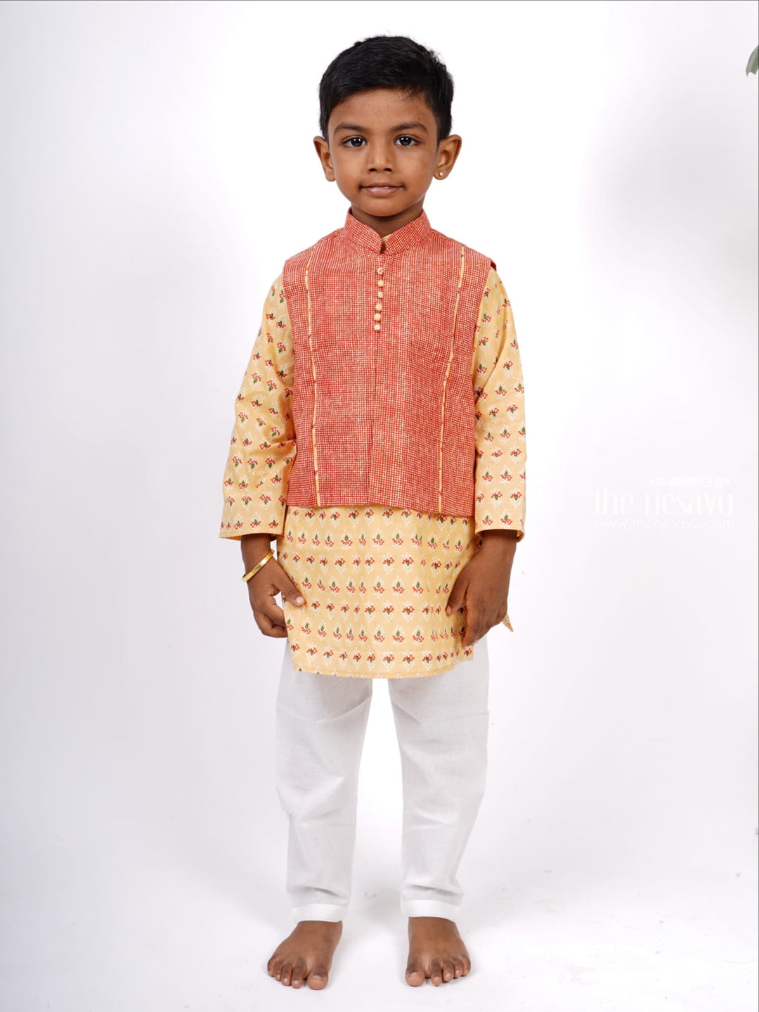 The Nesavu Boys Jacket Sets Designer Block Printed Kurta and Jacket with Pant Suit for Baby Boys Nesavu Buy Latest Cotton Collection | Boys Kurta Design Ideas | The Nesavu