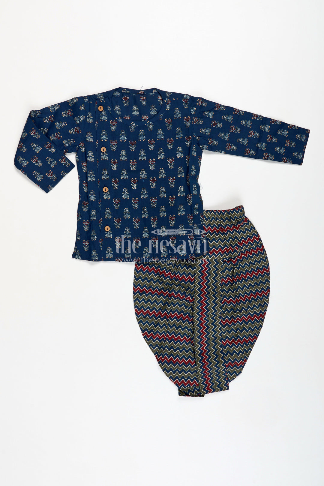 The Nesavu Boys Dothi Set Designer Dhoti Set for Boys Printed Wedding Kurta Style Nesavu 12 (3M) / Blue BES721A-12 Nesavu Indigo Blue Boys Cotton Kurta Dhoti Set Traditional Block Prints Festive Occasions