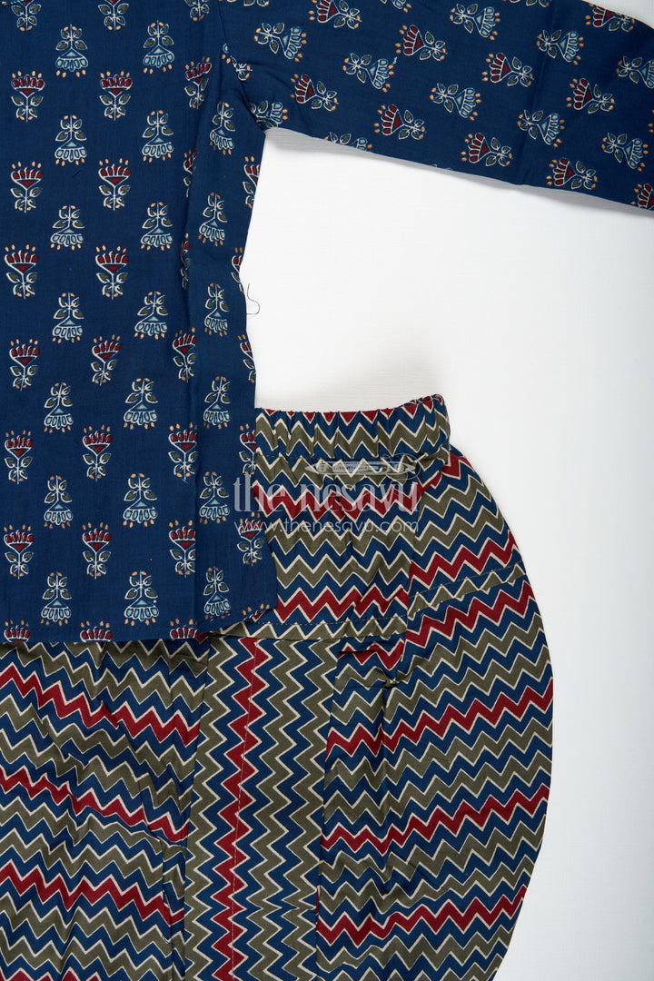 The Nesavu Boys Dothi Set Designer Dhoti Set for Boys Printed Wedding Kurta Style Nesavu Nesavu Indigo Blue Boys Cotton Kurta Dhoti Set Traditional Block Prints Festive Occasions