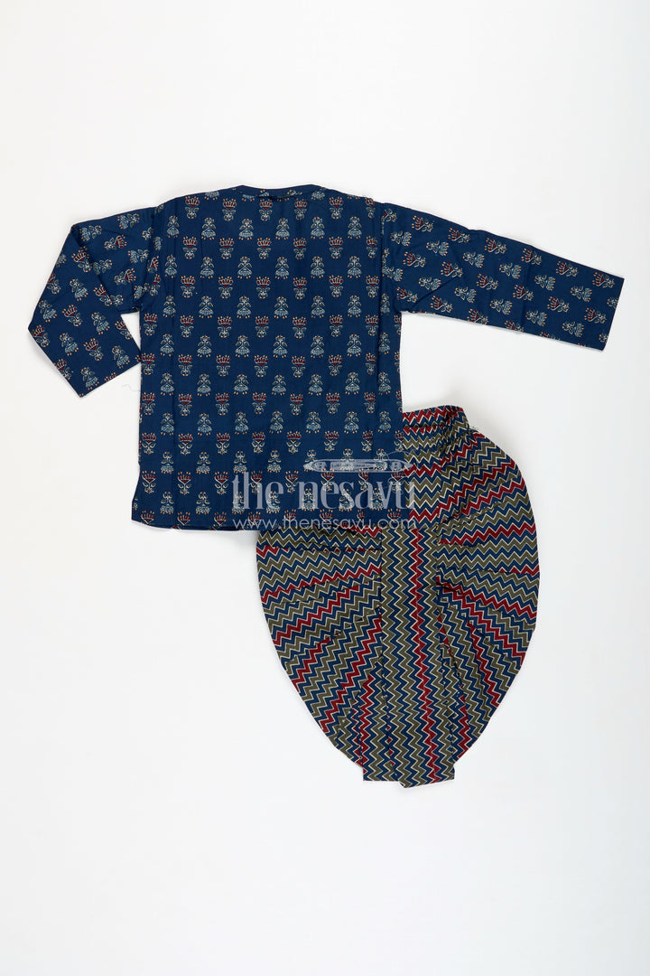 The Nesavu Boys Dothi Set Designer Dhoti Set for Boys Printed Wedding Kurta Style Nesavu Nesavu Indigo Blue Boys Cotton Kurta Dhoti Set Traditional Block Prints Festive Occasions