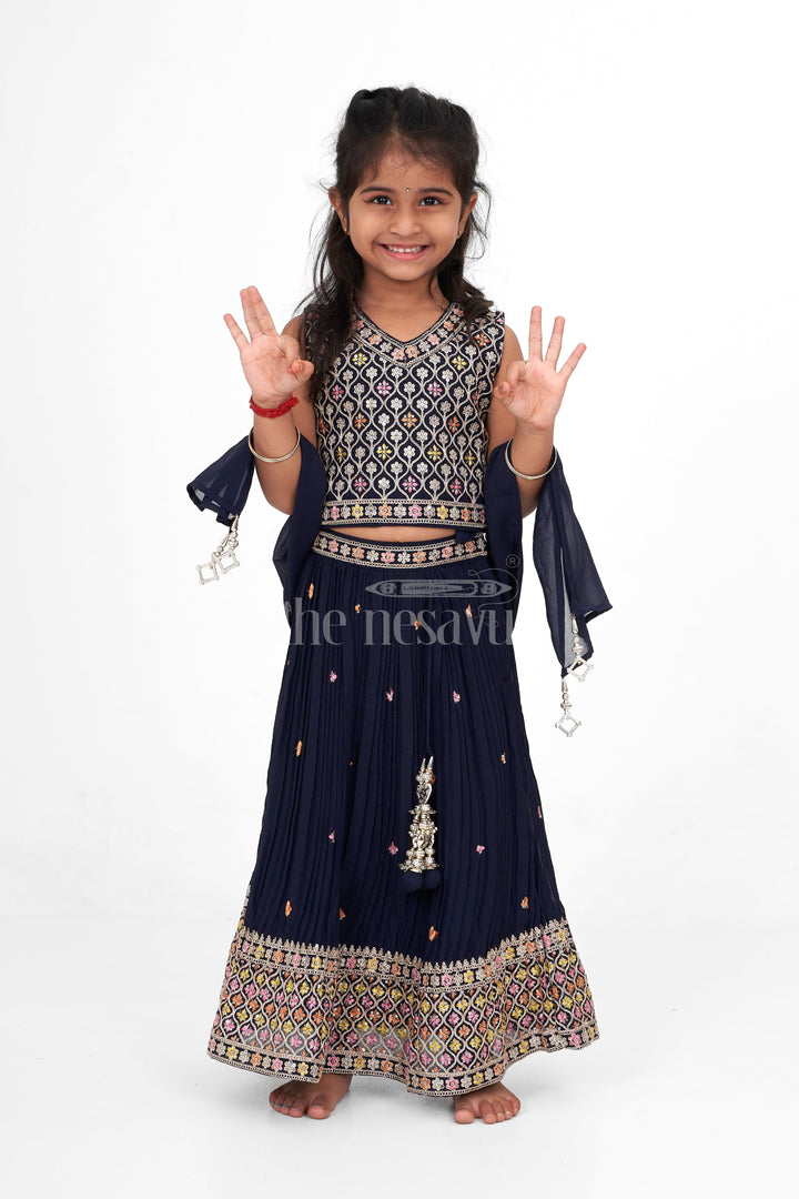 The Nesavu Girls Lehenga Choli Designer Embroidered Chinon Dark Blue Lehenga Choli for Girls with Intricate Detailing Nesavu 18 (2Y) / Blue GL531A-18 Nesavu Dark Blue Designer Embroidered Chinon Lehenga Choli Girls Elegant Diwali Festive Wear