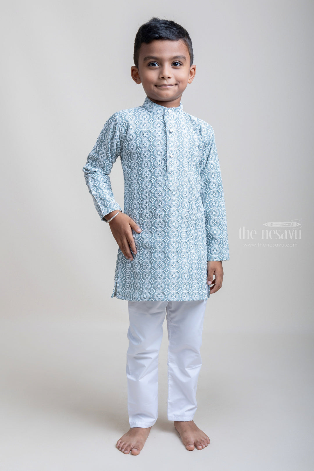 The Nesavu Boys Kurtha Set Designer Embroidery Full Hand Blue Kurta And White Pants For Baby Boys psr silks Nesavu 16 (1Y) / Blue / Silk Blend BES265C