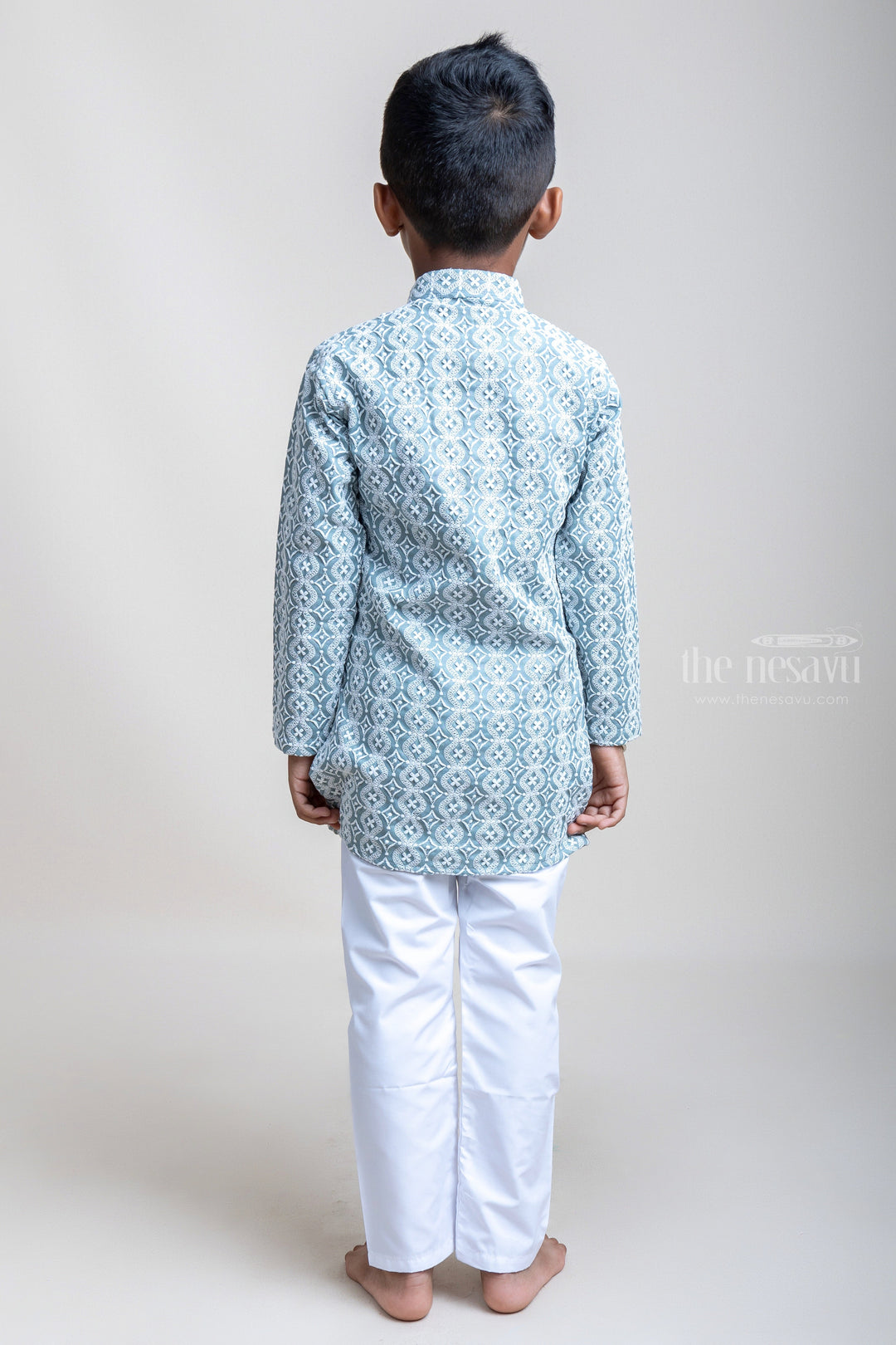 The Nesavu Boys Kurtha Set Designer Embroidery Full Hand Blue Kurta And White Pants For Baby Boys psr silks Nesavu