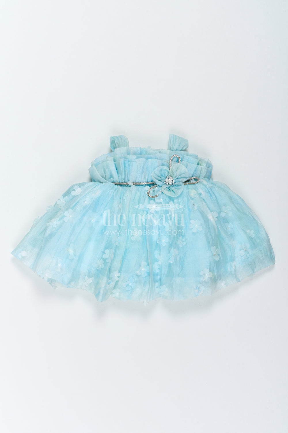 The Nesavu Girls Fancy Frock Designer Frock for Girls in Blue for Celebrations and Photos Nesavu 12 (3M) / Blue / Georgette PF346B-12 Nesavu Designer Frock For Girls With Digital Print For Weddings PF346B-12