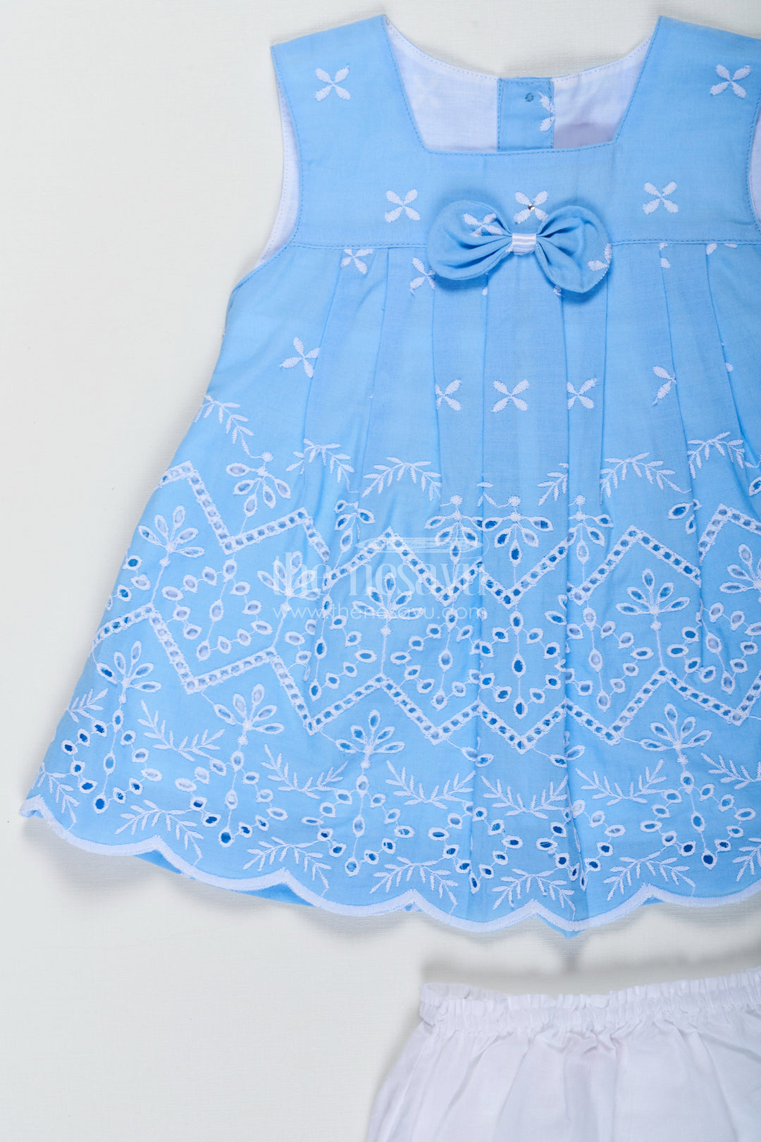 The Nesavu Baby Cotton Frocks Designer Frock Suit Party Wear in Sky Blue Cotton Hakoba Embroidery with Matching Bloomers Nesavu Nesavu Designer Frock Suit Party Wear Baby Girls Sky Blue Hakoba Embroidery Bloomers