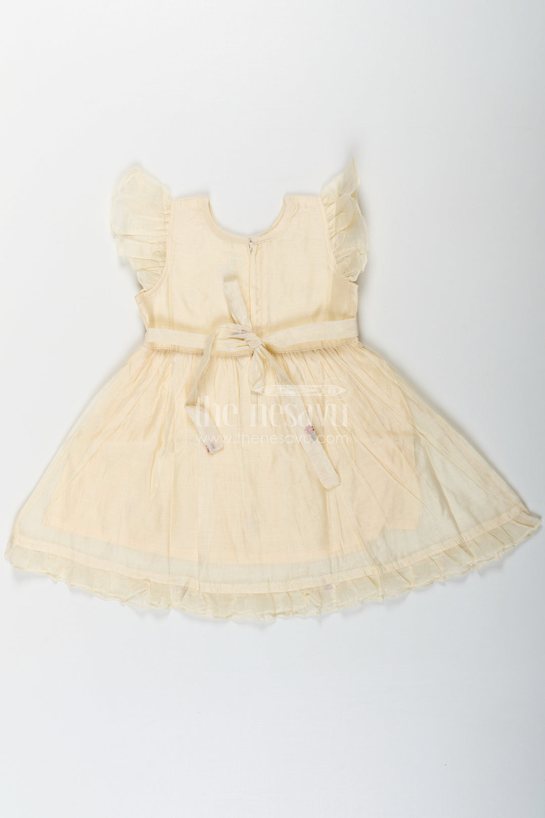 The Nesavu Girls Chanderi Frock Designer Frocks for Girls in Light Yellow Chanderi with Delicate Red Floral Embroidery and Ruffled Sleeves Nesavu Nesavu Designer Frocks Girls Yellow Chanderi Red Floral Embroidery Ruffle Sleeves