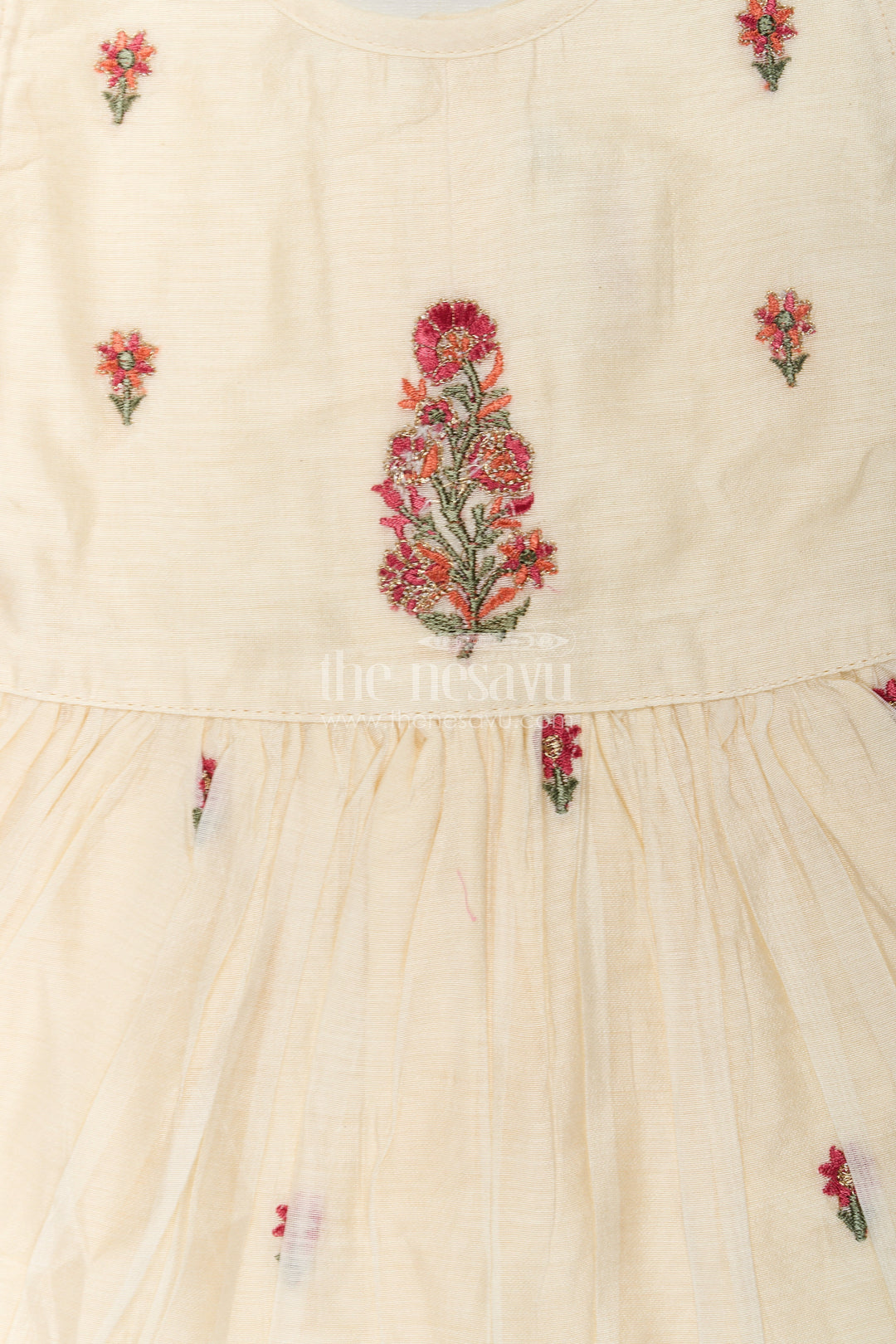 The Nesavu Girls Chanderi Frock Designer Frocks for Girls in Light Yellow Chanderi with Delicate Red Floral Embroidery and Ruffled Sleeves Nesavu Nesavu Designer Frocks Girls Yellow Chanderi Red Floral Embroidery Ruffle Sleeves