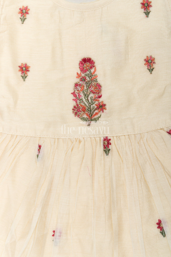 The Nesavu Girls Chanderi Frock Designer Frocks for Girls in Light Yellow Chanderi with Delicate Red Floral Embroidery and Ruffled Sleeves Nesavu Nesavu Designer Frocks Girls Yellow Chanderi Red Floral Embroidery Ruffle Sleeves