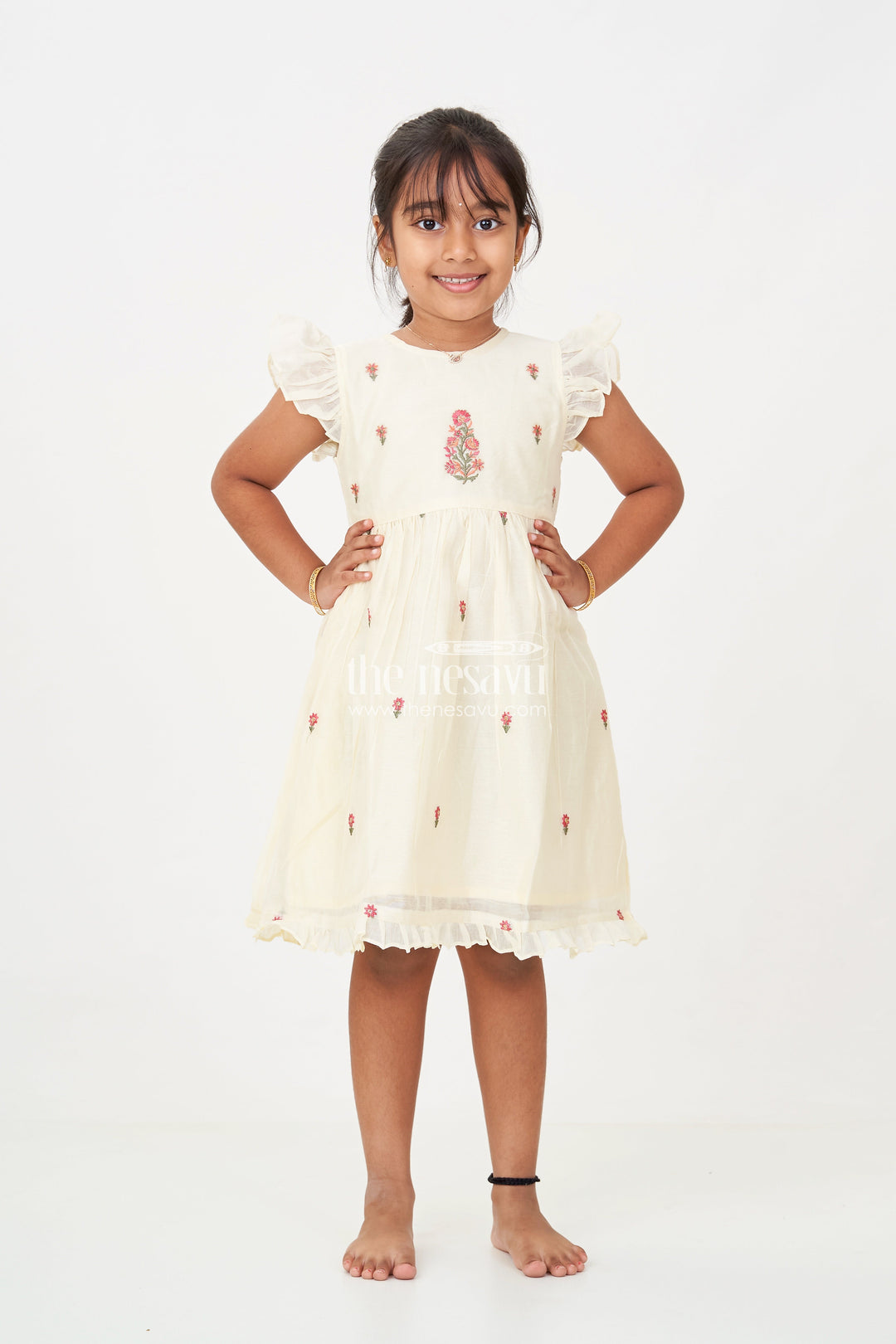 The Nesavu Girls Chanderi Frock Designer Frocks for Girls in Light Yellow Chanderi with Delicate Red Floral Embroidery and Ruffled Sleeves Nesavu Nesavu Designer Frocks Girls Yellow Chanderi Red Floral Embroidery Ruffle Sleeves