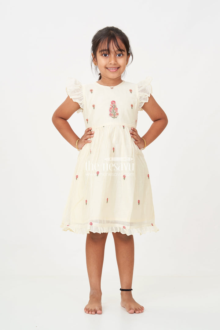 The Nesavu Girls Chanderi Frock Designer Frocks for Girls in Light Yellow Chanderi with Delicate Red Floral Embroidery and Ruffled Sleeves Nesavu Nesavu Designer Frocks Girls Yellow Chanderi Red Floral Embroidery Ruffle Sleeves