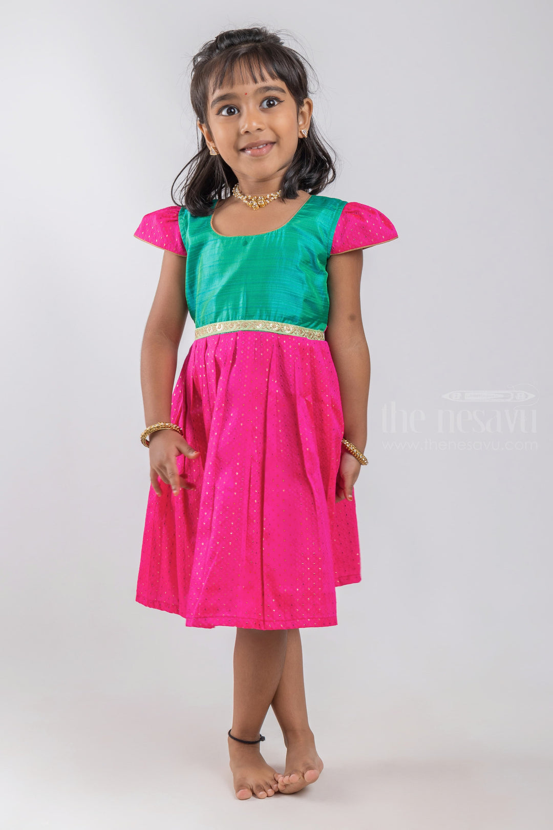 The Nesavu Silk Embroidered Frock Designer Knife Pleated Pink Silk Frock with Green Yoke for Girls psr silks Nesavu 16 (1Y) / Pink / Semi Silk SF634