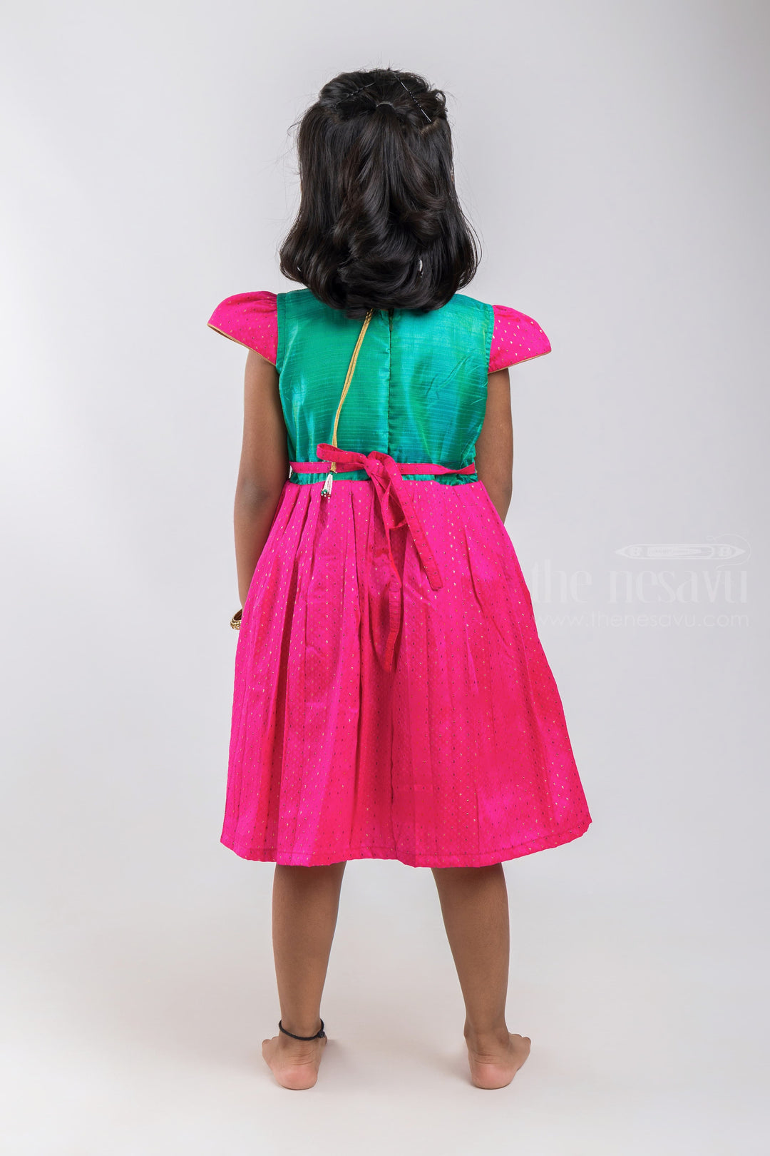 The Nesavu Silk Embroidered Frock Designer Knife Pleated Pink Silk Frock with Green Yoke for Girls psr silks Nesavu