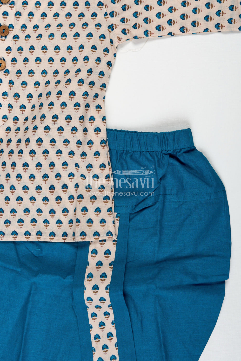 The Nesavu Boys Dothi Set Designer Kurta Set for Boys Sequin Formal Occasion Wear Nesavu Nesavu Boys Wedding Dhoti Set Blue Beige Royal Motif Cotton Print Traditional Ceremonies