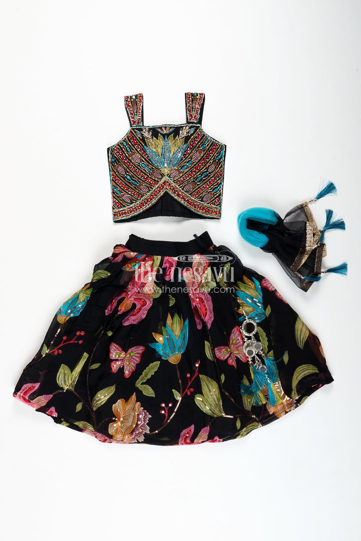 The Nesavu Girls Lehenga Choli Designer Lehenga Choli for Girls Zari and Stone Work Look Nesavu Nesavu Black Girls Designer Lehenga Zari Floral Embroidery Stone Work Grand Celebrations