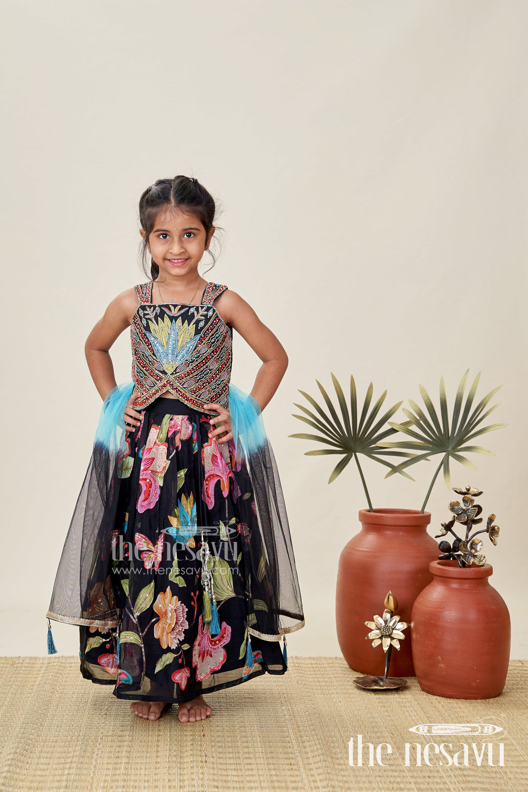 The Nesavu Girls Lehenga Choli Designer Lehenga Choli for Girls Zari and Stone Work Look Nesavu Nesavu Black Girls Designer Lehenga Zari Floral Embroidery Stone Work Grand Celebrations