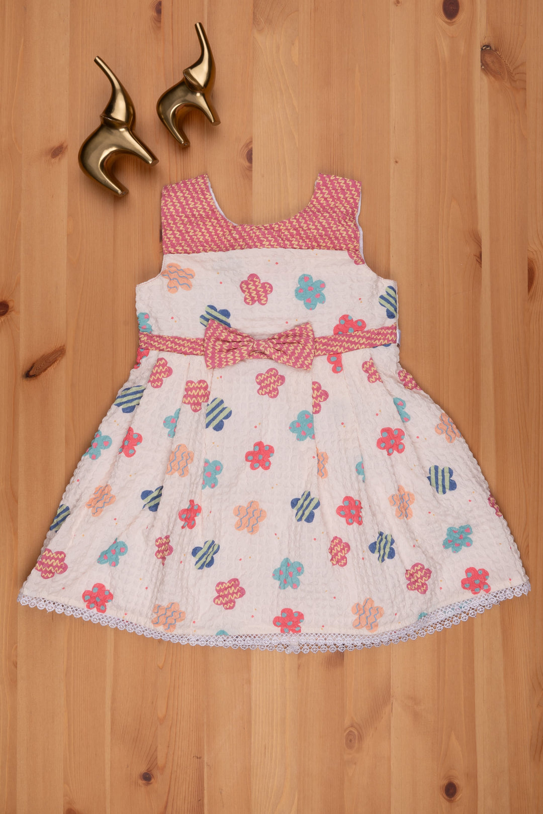 The Nesavu Baby Frock / Jhabla Designer Lucknow Chikan: White-Pink Floral Infant Dress Nesavu 14 (6M) / Beige BFJ436A-14 Floral Design Frock For Baby Girls | Fancy Frock Collection | The Nesavu