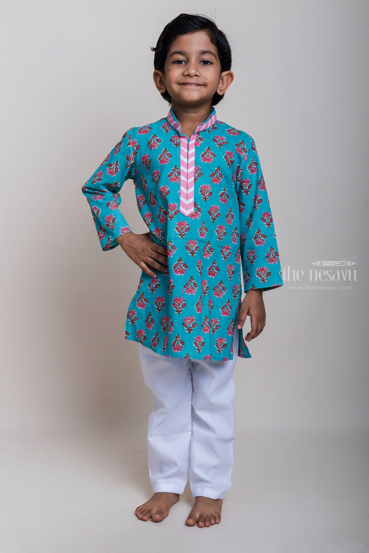 The Nesavu Boys Kurtha Set Designer Neck Floral Printed Blue Cotton Kurta And Pyjama For Little Boys Nesavu 16 (1Y) / Blue / Cotton BES272-16 Daily Wear Kurta Pyjama For Boys| Fresh Collection| The Nesavu