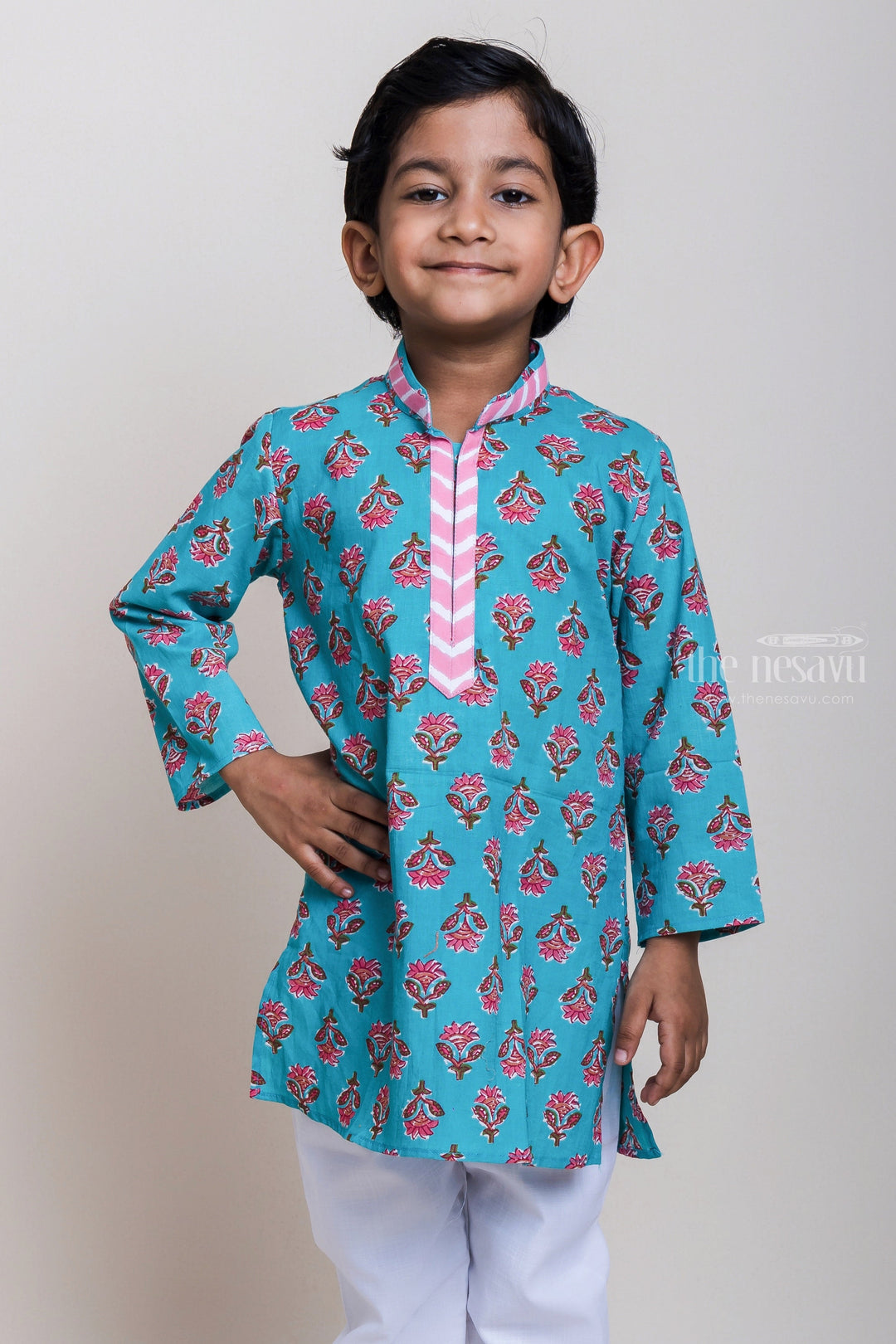 The Nesavu Boys Kurtha Set Designer Neck Floral Printed Blue Cotton Kurta And Pyjama For Little Boys Nesavu Daily Wear Kurta Pyjama For Boys| Fresh Collection| The Nesavu