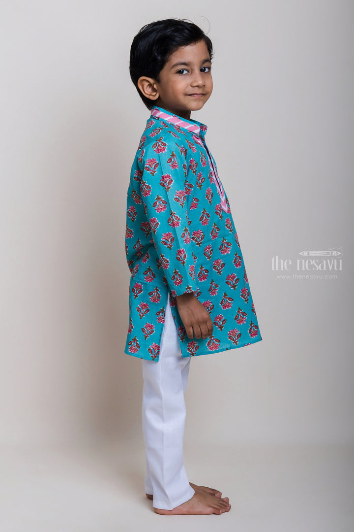 The Nesavu Boys Kurtha Set Designer Neck Floral Printed Blue Cotton Kurta And Pyjama For Little Boys Nesavu Daily Wear Kurta Pyjama For Boys| Fresh Collection| The Nesavu