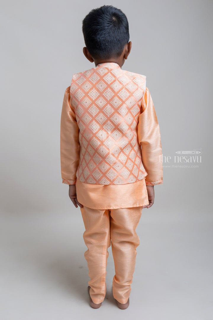 The Nesavu Boys Jacket Sets Designer Orange Kurta And Pants With Embroidery Overjacket For Baby Boys Nesavu Festive Wear Three Piece Kurta Set For Boys| Hot Collection| The Nesavu