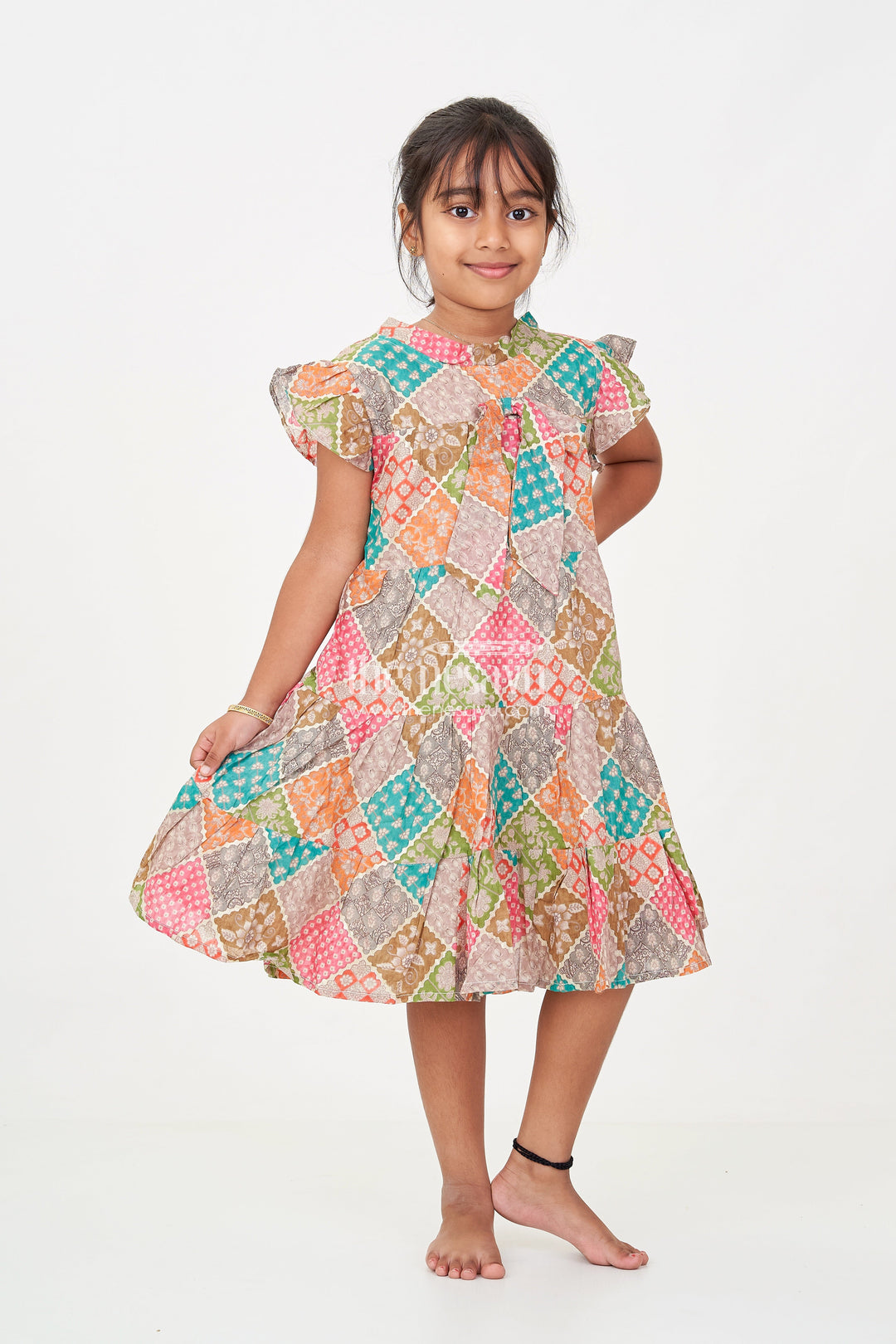 The Nesavu Girls Cotton Frock Designer Party Wear Frock for Girls in Cotton with Multicolor Patch Digital Print and Frilled Sleeves Nesavu 18 (2Y) / Multicolor GFC1703A-18 Nesavu Designer Party Wear Frock Girls Cotton Multicolor Patch Print Ruffle Sleeves