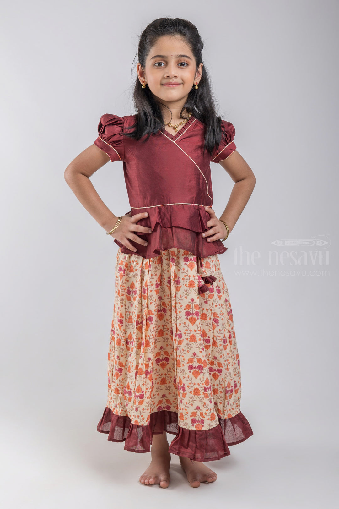 The Nesavu Pattu Pavadai Designer Pattu Pavadai for Baby Girls: Comfort & Style Combined psr silks Nesavu 16 (1Y) / Brown / Jacquard GPP284C
