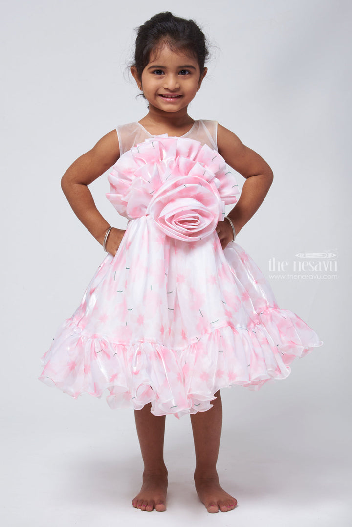 The Nesavu Party Frock Designer Pink Organza Party Dress: Floral Bow & Flared Detail for Young Girls Nesavu 16 (1Y) / Pink PF125A-16 Floral Designer Party Wear for Girls | Organza Dresses for Little Girls | The Nesavu