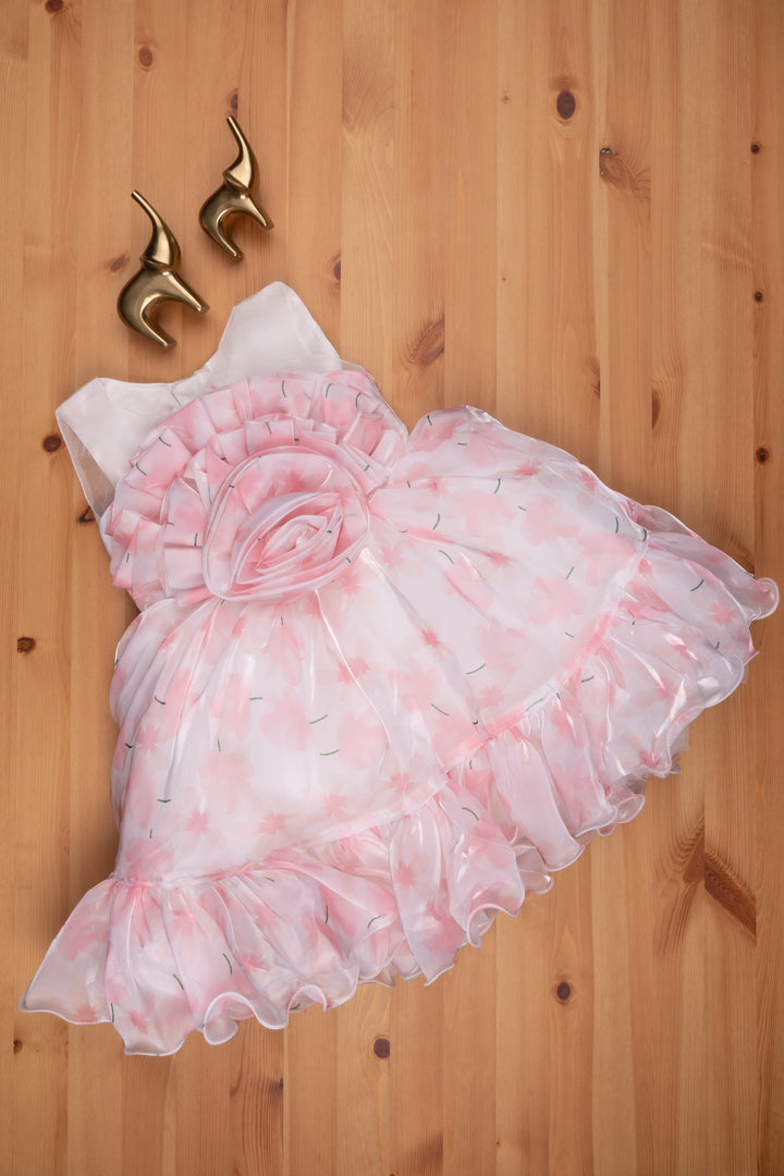 The Nesavu Party Frock Designer Pink Organza Party Dress: Floral Bow & Flared Detail for Young Girls Nesavu Floral Designer Party Wear for Girls | Organza Dresses for Little Girls | The Nesavu