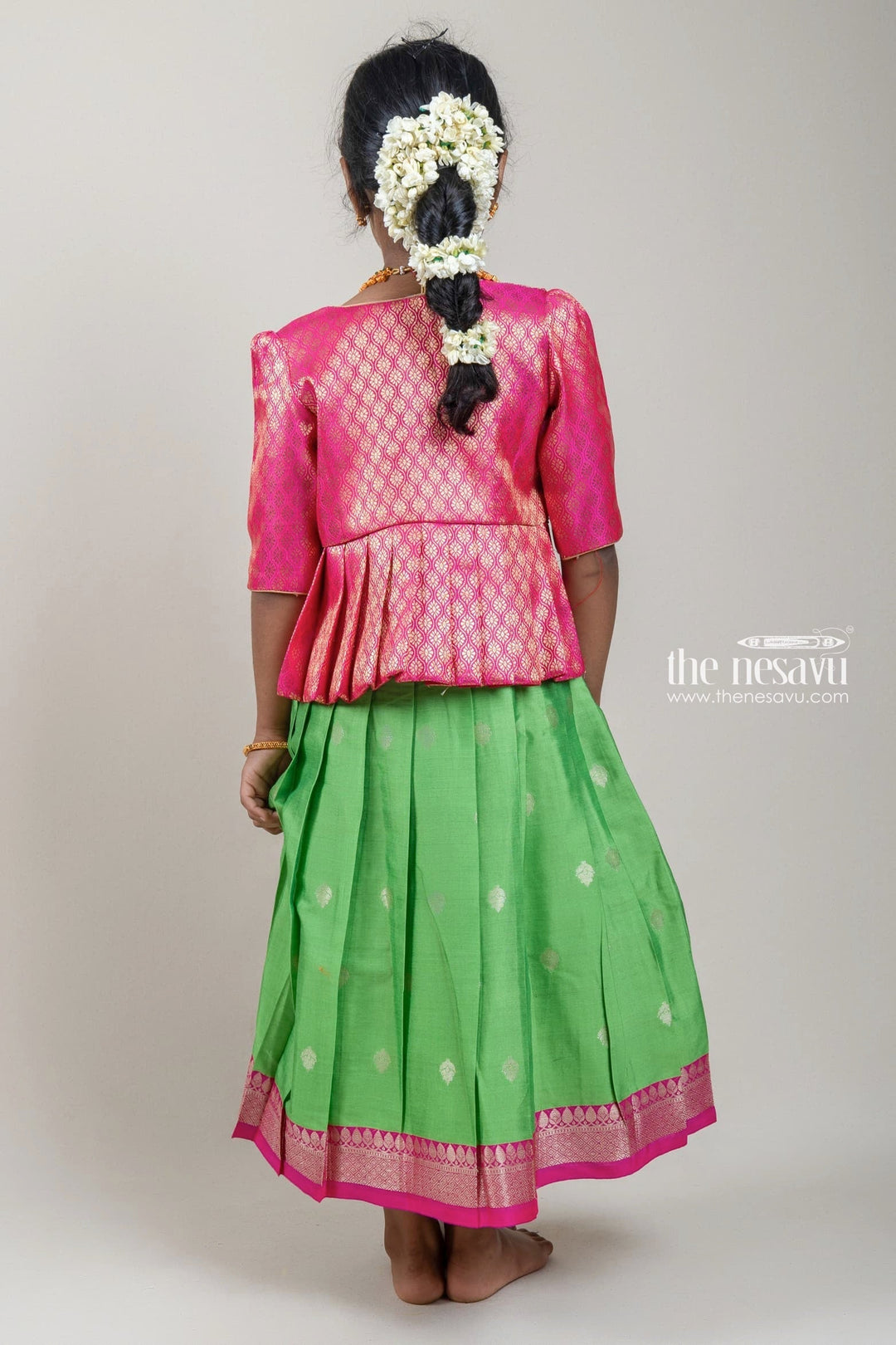 The Nesavu Silk Gown Designer Pink Silk Overcoat with Floral Zari Brocade and Green Korva Border Anarkali Dress Nesavu Designer Pink Silk Overcoat and Green Korva Border Anarkali Dress | The Nesavu