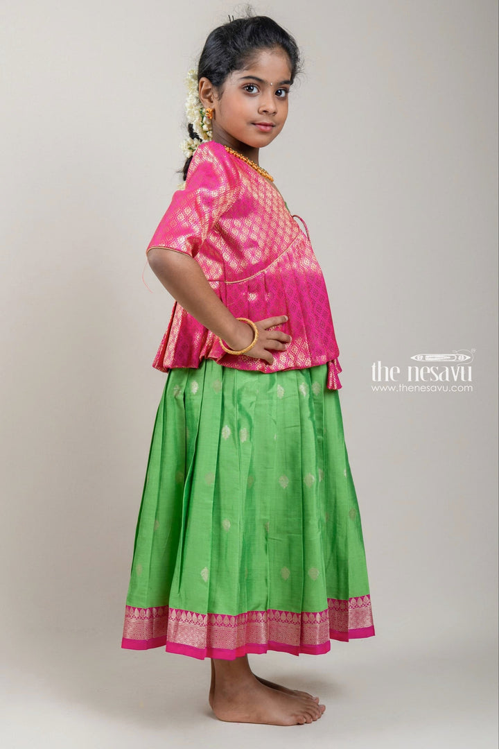 The Nesavu Silk Gown Designer Pink Silk Overcoat with Floral Zari Brocade and Green Korva Border Anarkali Dress Nesavu Designer Pink Silk Overcoat and Green Korva Border Anarkali Dress | The Nesavu