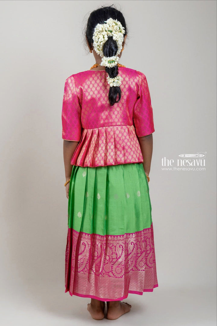 The Nesavu Silk Gown Designer Pink Silk Overcoat with Floral Zari Brocade and Pink Korva Border Anarkali Dress Nesavu Designer Pink Silk Overcoat and Pink Korva Border Anarkali Dress | The Nesavu