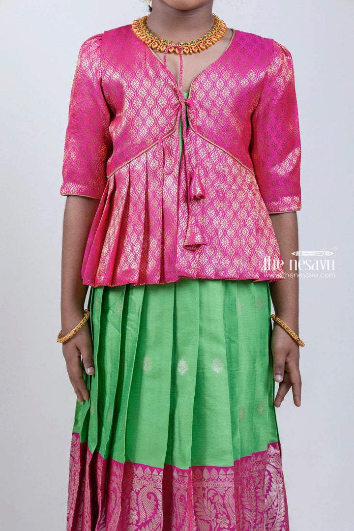 The Nesavu Silk Gown Designer Pink Silk Overcoat with Floral Zari Brocade and Pink Korva Border Anarkali Dress Nesavu Designer Pink Silk Overcoat and Pink Korva Border Anarkali Dress | The Nesavu