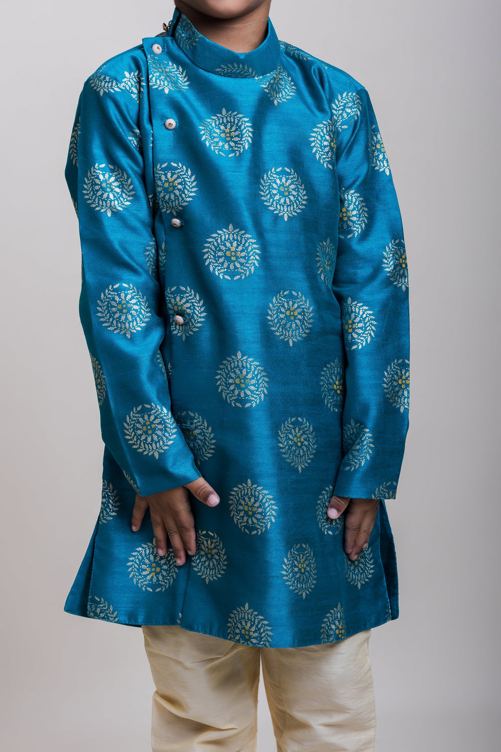 The Nesavu Boys Kurtha Set Designer Printed Side Buttoned Blue Cotton Kurta And White Pants For Boys Nesavu Best Ethnic Wear Collection For Boys| Exclusive Designs| The Nesavu