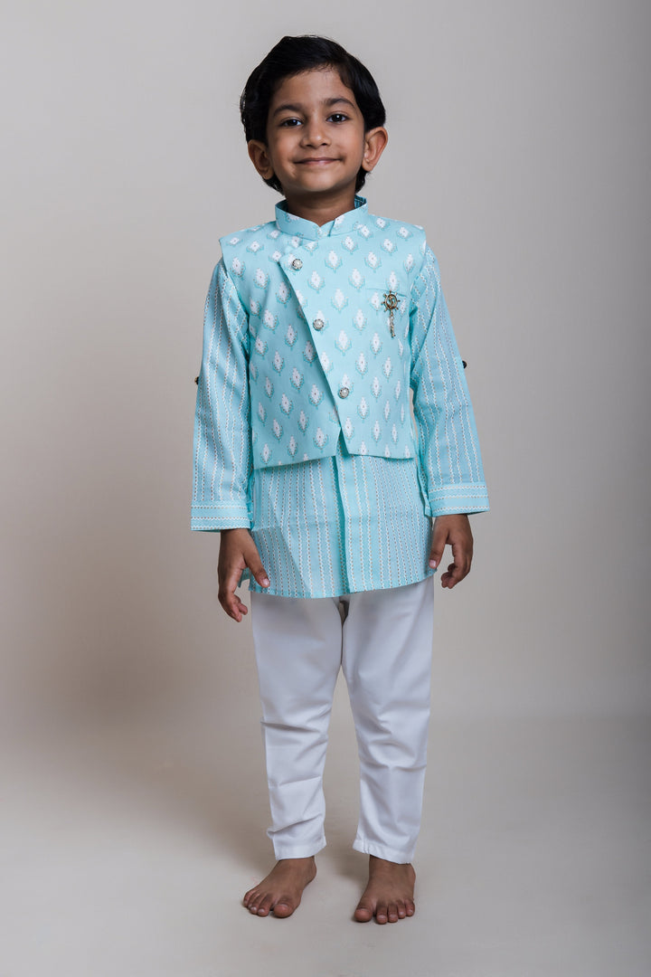 The Nesavu Boys Jacket Sets Designer Printed White Kurta And Green Jacket With Pants For Baby Boys Nesavu 10 (NB) / Green / Cotton BES178B-10 Modern Kurta And Pants Collection| Cool Designs| The Nesavu