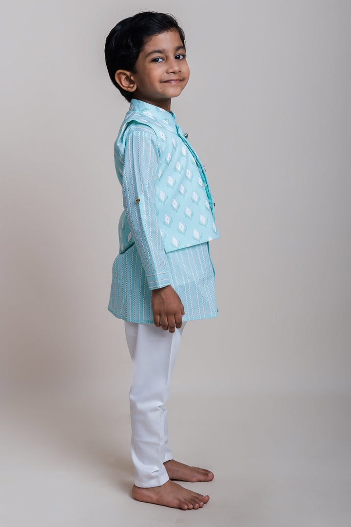 The Nesavu Boys Jacket Sets Designer Printed White Kurta And Green Jacket With Pants For Baby Boys Nesavu Modern Kurta And Pants Collection| Cool Designs| The Nesavu