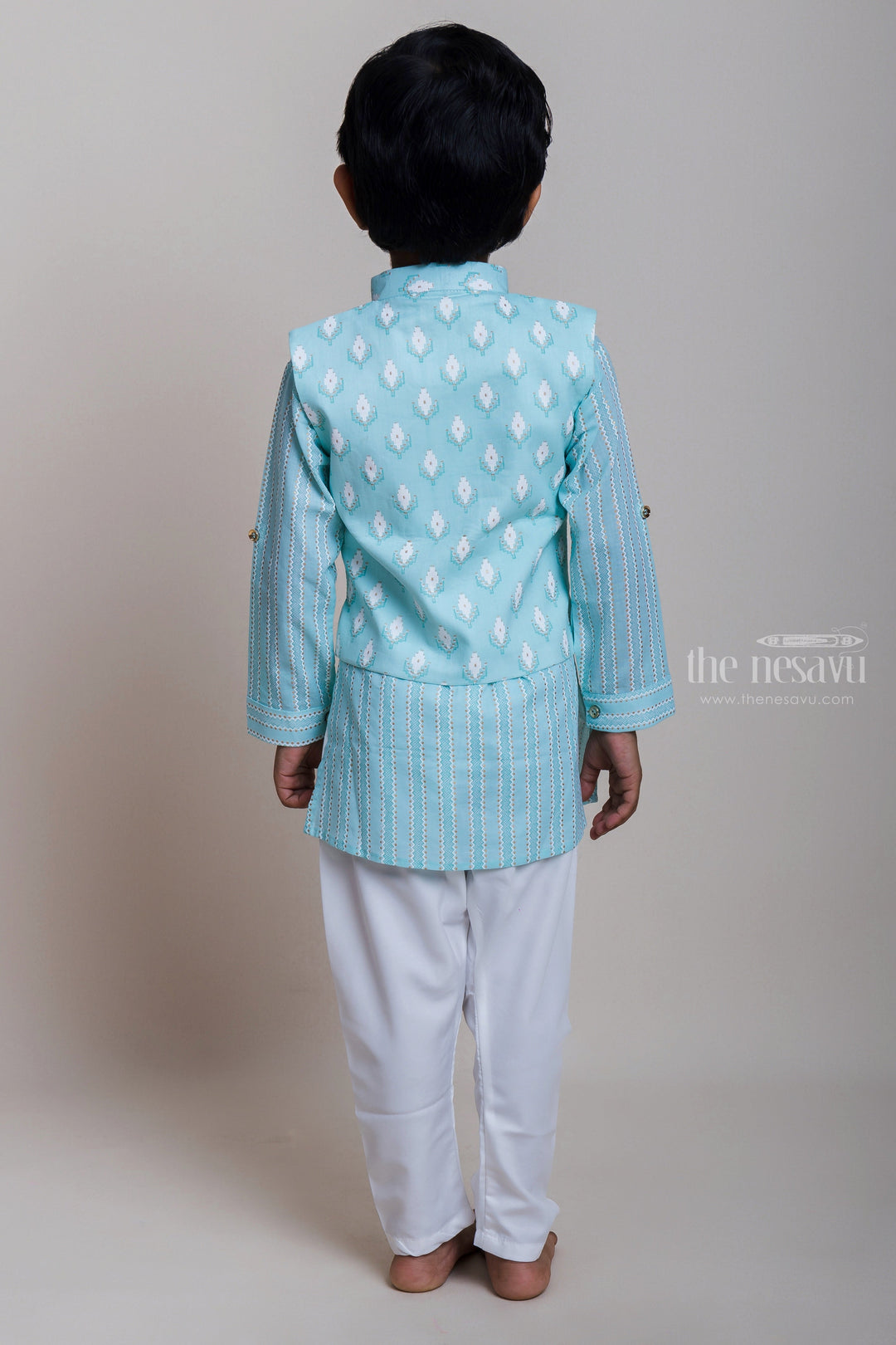 The Nesavu Boys Jacket Sets Designer Printed White Kurta And Green Jacket With Pants For Baby Boys Nesavu Modern Kurta And Pants Collection| Cool Designs| The Nesavu