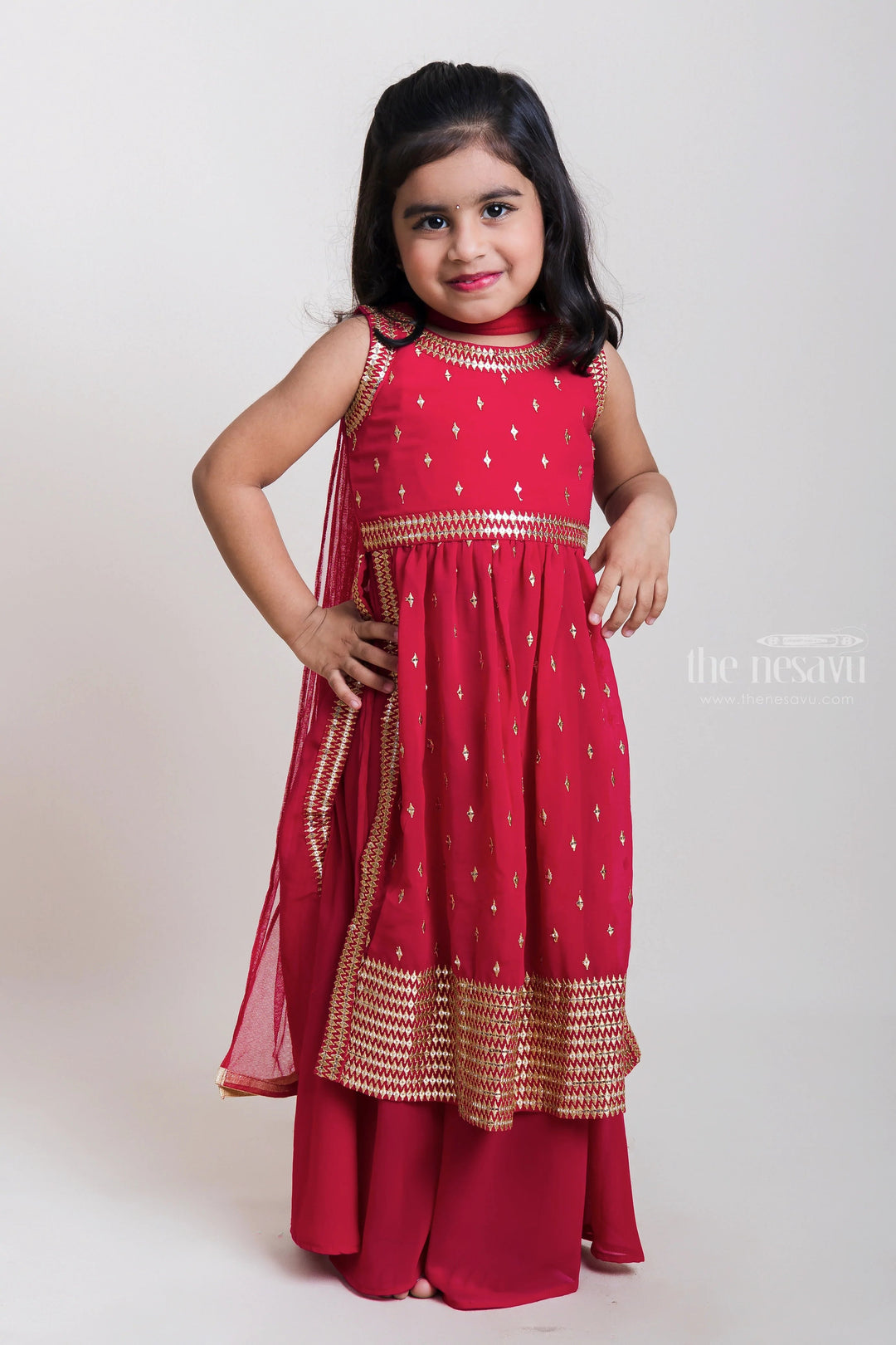 The Nesavu Girls Sharara / Plazo Set Designer Red Kurti Suit With Palazzo Pants For Little Girls Nesavu 16 (1Y) / Red GPS112A-16 Dynamic Red Kurti And Palazzo Pants For Girls| Best Collection| The Nesavu